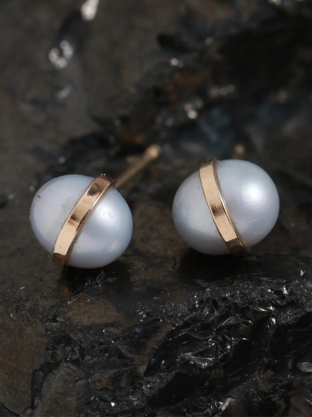 14k Gold Bezel Wrapped Freshwater Pearl Stud Earrings