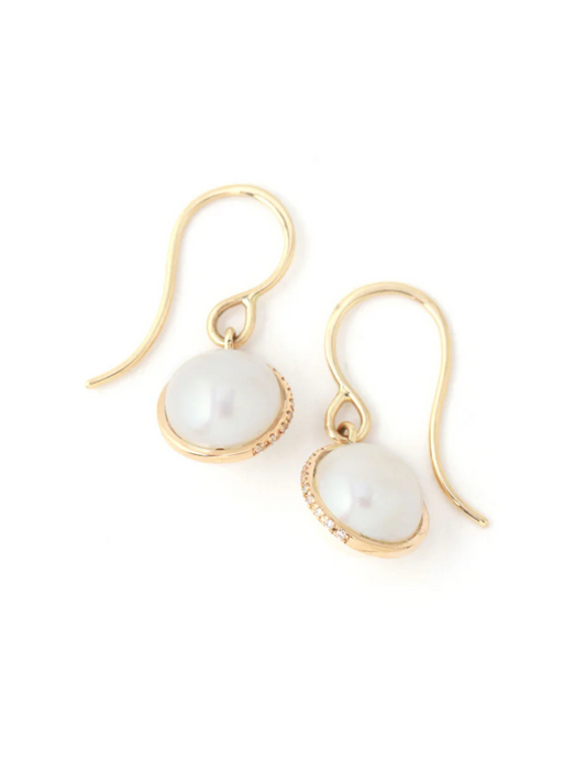 Micropave Diamond Bezel Wrapped Pearl Single Drop Earrings