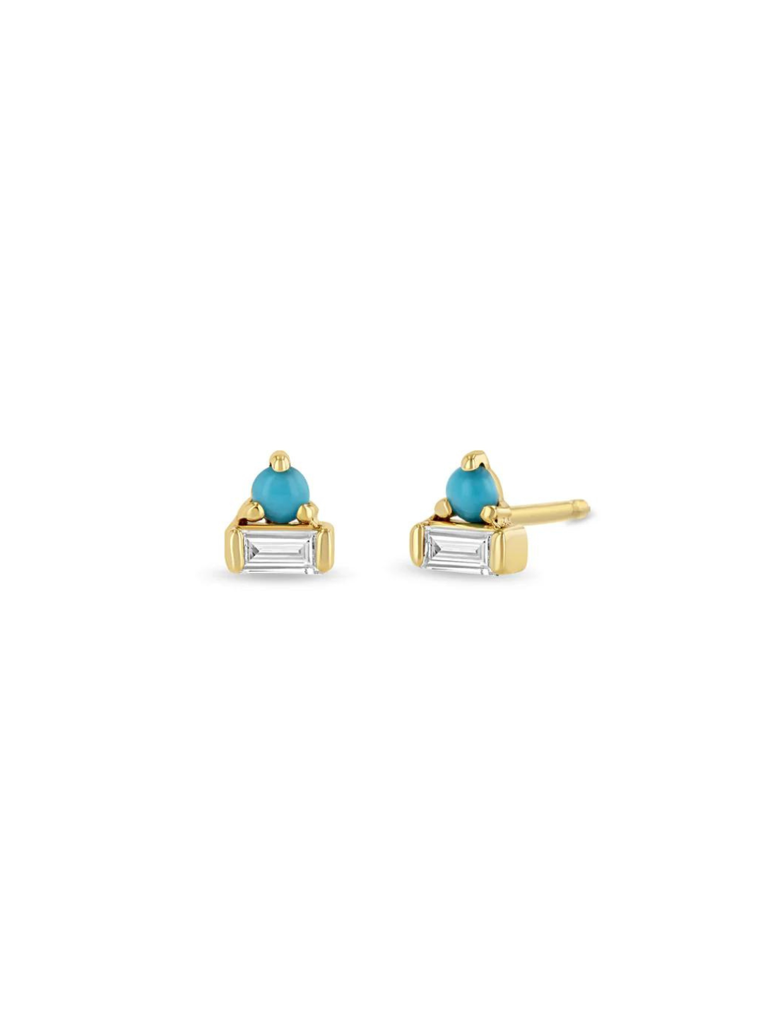 14k Baguette Diamond & Prong Turquoise Stacked Studs